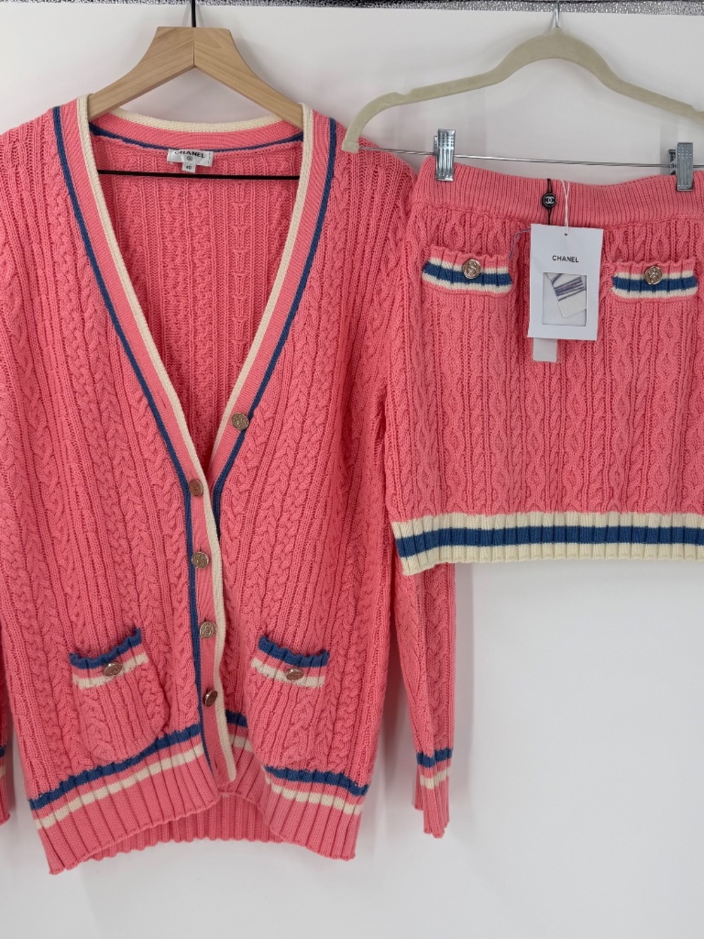 CC Fashion Brand Preppy Wool Cardigan & Skirt Set Italy 40 Pink Blue